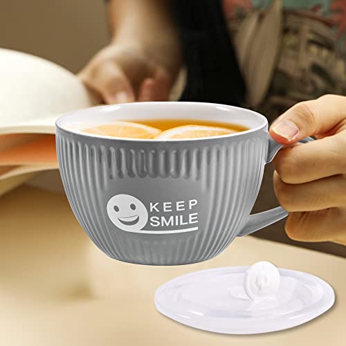 Suppenschüssel mit Griff, Keramik, große Suppentasse mit Deckel, mikrowellengeeignet, große Tasse für schnelle sofortige Nudeln oder einfache Mahlzeiten, lustiges Lächeln, große Müslischale, Grau von fMSDD