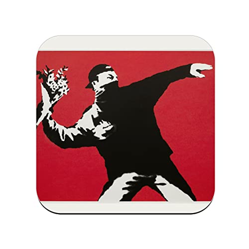 Untersetzer aus Kork, Motiv: Banksy Rage The Flower Thrower Street Art Graffiti, Rot, 1 Stück (95 x 95 mm) von fabulous