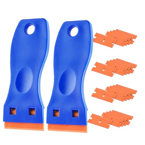 fairytell Klebstoffentferner Set, 2 Kunststoffschaber mit 20 Ersatzklingen, 10 cm Länge, für Glas, Autolack und Keramik von fairytell