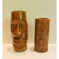 Paar Vintage Tiki Tassen Shonfeld Brown Cup & Dw128 Moari Osterinsel Kopf Keramikbecher Mann Höhle Tikibar Barware Dekor von familyjewelsatlanta