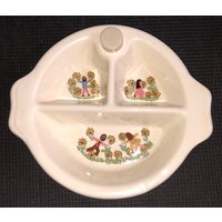 Vintage Art Deco Excello Babykost Warmhalteschale Entzückende Grafiken Kinder, Die Blumen Pflücken W Orig Stopper Keramik Schale 1940Er-50Er Jahre von familyjewelsatlanta