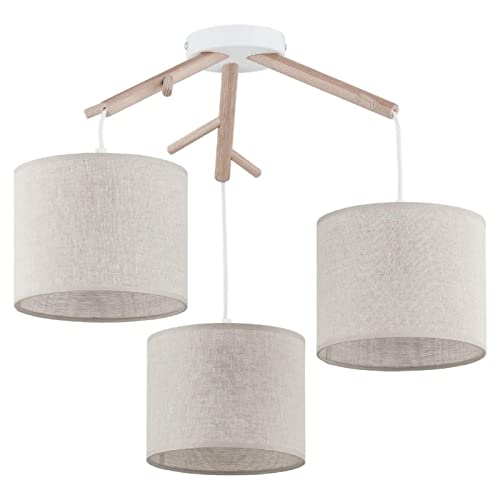 famlights Deckenlampe & Deckenbeleuchtung in Beige 3-flammig Shabby Chic Landhaus Ethno CHRISTIANO E27 Leinen Esszimmer Flur | 3-flammig von famlights