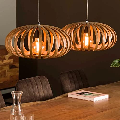 famlights in Natur-hell 2-flammig Vintage industrielle MATS E27 Holz Esszimmer Flur | 2-flammig von famlights