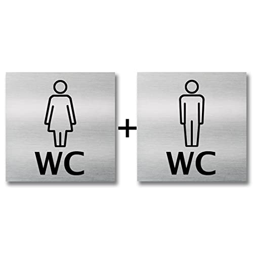 Türschild Schild WC Damen Herren 12cm x 12 cm groß Toilette Klo (Aluminium gebürstet Doppelpack Damen + Herren) von famos