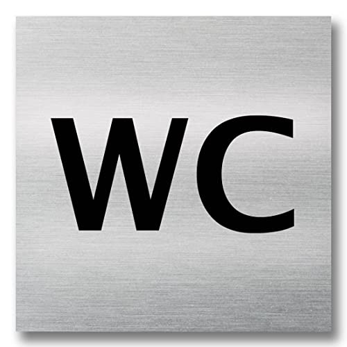 Türschild Schild WC Damen Herren 12cm x 12 cm groß Toilette Klo inkl. Klebepunkte selbstklebend (Aluminium gebürstet WC nur Schrift) von famos