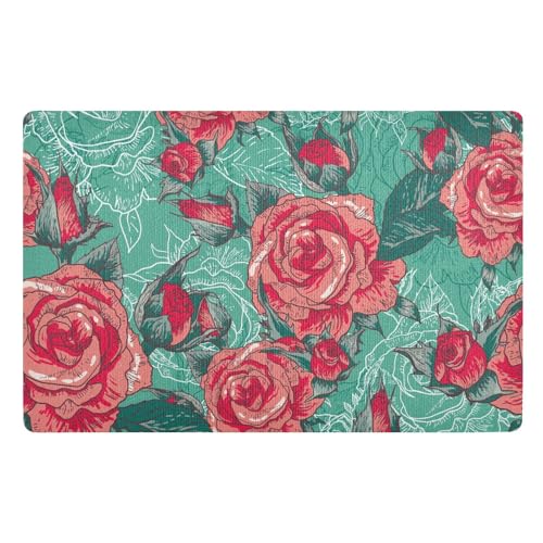 Fußmatte, Motiv: schöne rosafarbene Blume, Türkis, 81,3 x 50,8 cm, rutschfeste Gummi-Unterseite, flaches Profil, ultradünn, Badteppiche für Zuhause, Eingangsbereich, Außenbereich, Terrasse, Veranda von famyily