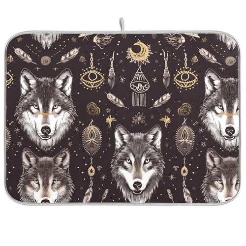 Mystic Wolves Schamanische Symbole Abtropfmatte zum Trocknen von Küchentheken, Küchenabtropfmatte, Theke, Heizmatte, 45,7 x 61 cm von famyily