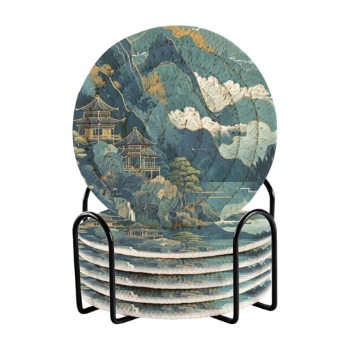 Pavillons and Mountains and Rivers Absorbent Drink Coasters Drink Coasters for Home with Holder Set of 6 Coasters for Office Home Decor von famyily