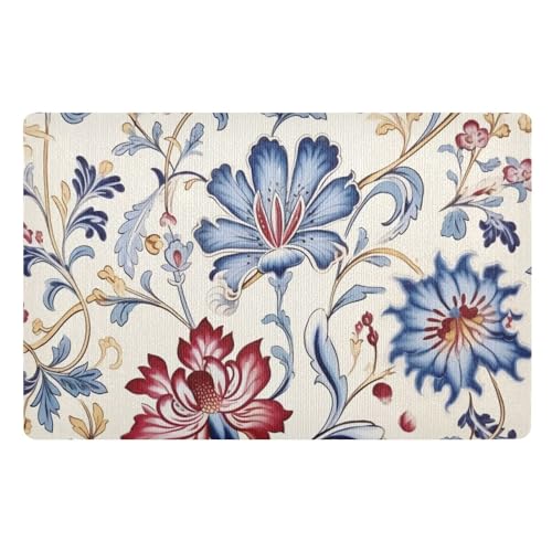 famyily Fußmatte mit Vintage-Blumen, 81,3 x 50,8 cm, rutschfeste Gummi-Fußmatte, für drinnen und draußen, ultradünn, Küchenteppich für Flur, Küche, Urlaubsdekoration, Rot und Blau von famyily