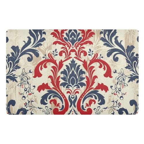 famyily Fußmatte mit europäischen Vintage-Blumen, 81,3 x 50,8 cm, rutschfeste Gummi-Eingangsmatte, für Innenbereich, Allwetter-Küchenmatte für Terrasse, Veranda, Rot und Blau von famyily
