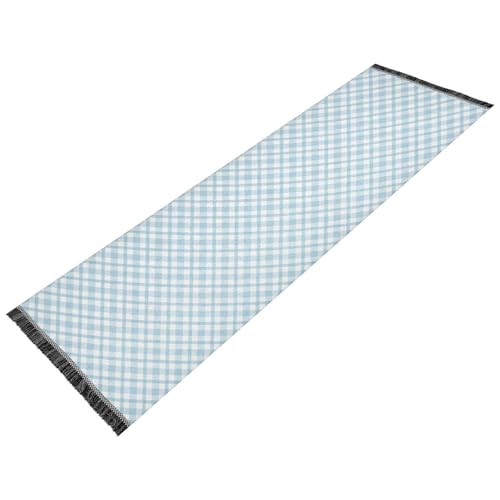 famyily Läufer mit blau-weißem Karomuster, waschbar, rutschfest, Badezimmerteppich, Quaste, Bodenteppich für Innenbereich, Schlafzimmer, Küche, Heimdekoration von famyily