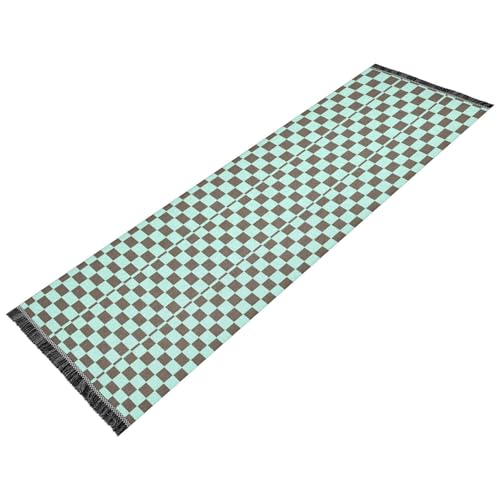 famyily Mintgrün und braun karierter Wohnzimmerläufer, waschbar, rutschfest, Badteppich, Quasten-Teppich für Flur, Eingang, Tür, Heimdekoration von famyily