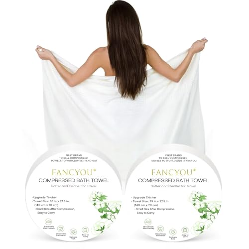 fancyou Komprimierte Handtücher Tabletten Groß - 100% Baumwolle Einweg-Badetücher für Reisen - 140cm x 70cm Reise-Reinigungsset für Hotels Camping Wandern Sport Strand Schwimmen Urlaub[2 Pack Weiß] von fancyou