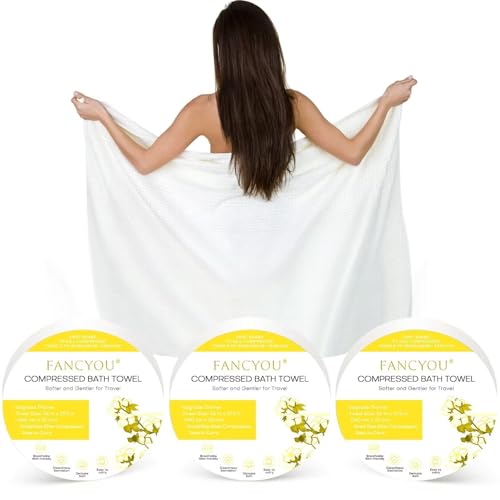 fancyou Komprimierte Handtücher Tabletten Groß - 100% Baumwolle Einweg-Badetücher für Reisen - 140cm x 70cm Reise-Reinigungsset für Hotels Camping Wandern Sport Strand Schwimmen Urlaub[3 Pack Gelb] von fancyou