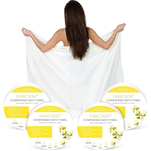 fancyou Komprimierte Handtücher Tabletten Groß - 100% Baumwolle Einweg-Badetücher für Reisen - 140cm x 70cm Reise-Reinigungsset für Hotels Camping Wandern Sport Strand Schwimmen Urlaub[4 Pack Gelb] von fancyou