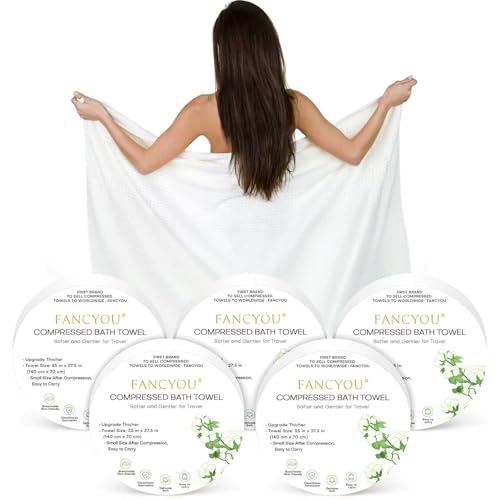 fancyou Komprimierte Handtücher Tabletten Groß - 100% Baumwolle Einweg-Badetücher für Reisen - 140cm x 70cm Reise-Reinigungsset für Hotels Camping Wandern Sport Strand Schwimmen Urlaub[5 Pack Weiß] von fancyou