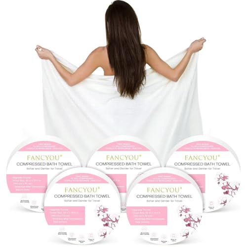 fancyou Komprimierte Handtücher Tabletten Groß - 100% Baumwolle Einweg Badetücher für die Reise - 140cm x 70cm Reisehandtuch Groß für Hotel Camping Wandern Sport Strand Schwimmen Urlaub[5 Pack Rosa] von fancyou