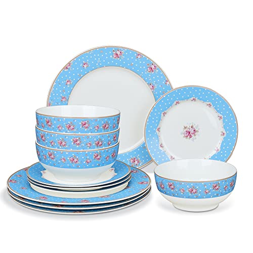 fanquare 12-Teilig Weiß Porzellan Geschirrset mit Blau Streifen, Rosa Blumen Kombiservice, Tafelservice für 4 Personen von fanquare