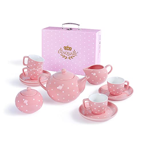 fanquare 12-teilig Porzellan Teeservice für Erwachsene, Mädchen, Rosa Polka Dot Tee Party Set mit Tasse, Teller, Zuckerdose, Teekanne, Koffer von fanquare