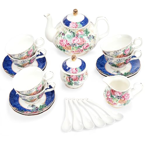 fanquare 15 Stück Blau Blumen Porzellan Tee Service, Rosa Blume Keramik Tee Tasse und Untertasse Set für 6, China Kaffee Set für Erwachsene und Frauen von fanquare