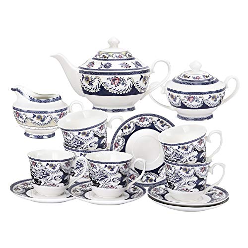 fanquare 15 Stück Blau Porzellan Tee Sets,Vintage Blumen Keramik Kaffee Set,Tea Party Set für Erwachsene von fanquare