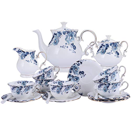fanquare 15 Stück Blaue Blumen Porzellan Tee Sets,Vintage Keramik Kaffeeset,Hochzeit Tee Service für Erwachsene von fanquare