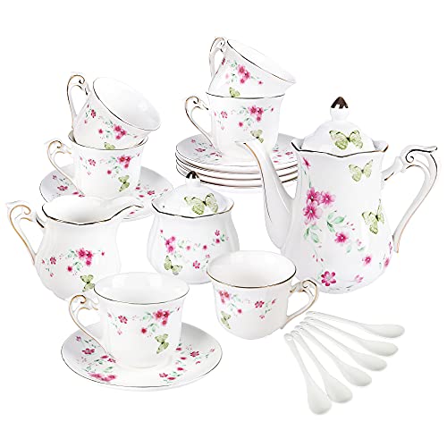 fanquare 15 Stück Blume und Schmetterling Porzellan Tee sets, Keramik Teeservice für 6 Personen, Hübsches Nachmittags Kaffeeset von fanquare