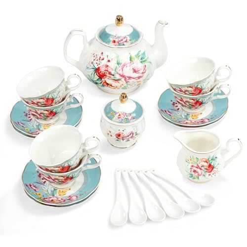 fanquare 15 Stück Bunte Blumen Porzellan Tee Service, Keramik Teetasse und Untertasse Set für 6, Vintage Teekanne Set für Frauen Party von fanquare