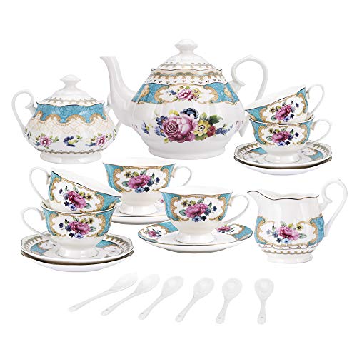 fanquare 15 Stück Englisch Türkis Porzellan Tee Sets,Vintage Rose Blumen Keramik Kaffee Set,Hochzeit Tee Service für Erwachsene von fanquare
