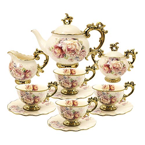 fanquare 15 Stück Rose Blumen Englische Keramik Tee Sets, Vintage China Kaffee Set, Tee Service für Erwachsene von fanquare