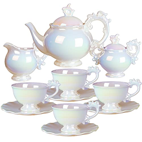 fanquare 15-Teiliges Englisch Porzellan Teeservice, Modern Schillerndes Teeparty-Set für Frauen, Großes Regenbogen Weißes Teekannen-Set von fanquare