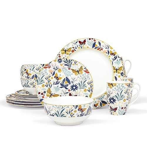 fanquare 16-Teilig Porzellan Kombiservice für 4 Personen, Glod Vintage Geschirr Set, Tafelservice mit Schmetterling Flora Gemustert von fanquare