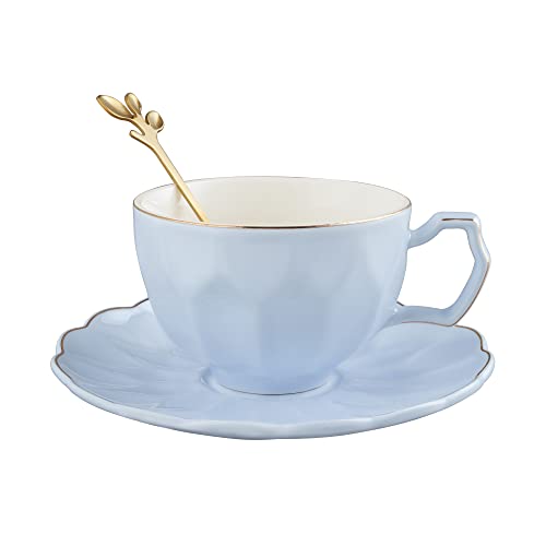 fanquare 200ml Blaue Kaffeetasse mit Löffel, Elegante Porzellan Teetasse mit Untertasse, Britische Frauen Teetasse für Hochzeit, Geburtstag Geschenk von fanquare