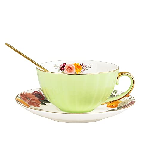 fanquare 200ml Kaffeetasse und Untertasse Set, Britische Porzellan Teetasse mit Löffel, Keramik Kaffeebecher, Hellgrün von fanquare