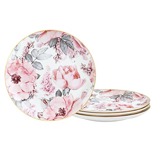 fanquare 20cm Bone China Salatteller mit Goldrand, Pink Floral Pasta Schalen 4er Set, Porzellan Dessertteller, Britische Lunch-Teller von fanquare