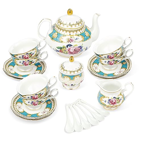 fanquare 21 Stück Blau Vintage Porzellan Tee Set, Blumen Keramik Kaffeeservice Set, Hochzeit Tee Service für Erwachsene von fanquare