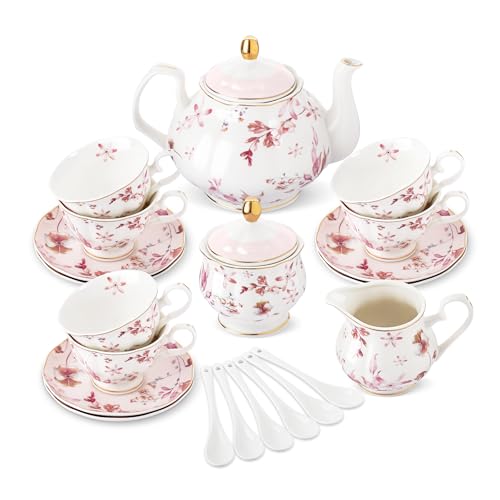 fanquare 21 Stück Britische Porzellan Teeservice mit Gold Rand, Rosa Herbstblätter Blumen Kaffeeservice für Frauen Tee Party, 6 Teetasse und Untertassen für Kaffee nach Hause Hochzeit von fanquare