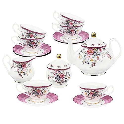 fanquare 21 Stück Porzellan Tee Party Set, Rosa Rose Blume Teetasse und Untertasse für 6 Personen, Königlich China Kaffee Set von fanquare