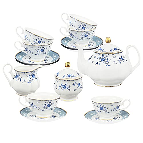 fanquare 21 Stück Porzellan Teeservice, Blau Blumen Tee Set, Englische Kaffeeservice Set mit Teekanne, Teetasse und Untertasse von fanquare
