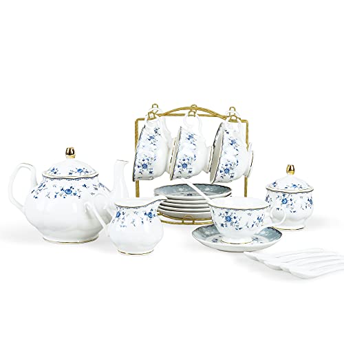 fanquare 21 Stück Porzellan Teeservice für Frau, Blau Blumen Muster Kaffeeservice, Vintage Tee Sets mit Kaffeetassen und Untertasse für 6 Personen von fanquare