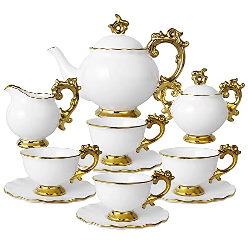 fanquare 15-Teilig Britisches Porzellan Teeservice, Königlich Geschenk Kaffeeservice Set, Weiße Teekanne, Zuckerschüssel, Tasse und Untertasse von fanquare