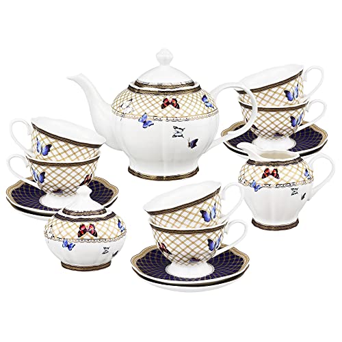 fanquare 21-Teilig Porzellan Teeservice, Buntes Schmetterlings Muster Kaffeeset, Nachmittags Tee Set für 6 Personen von fanquare