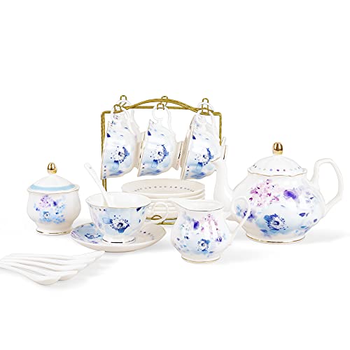 fanquare 21 Teiliges Modern Stil Porzellan Teeservice, Blaue Blumen im Aquarellstil Keramik Tee Sets, Kaffeeservice für Erwachsene von fanquare
