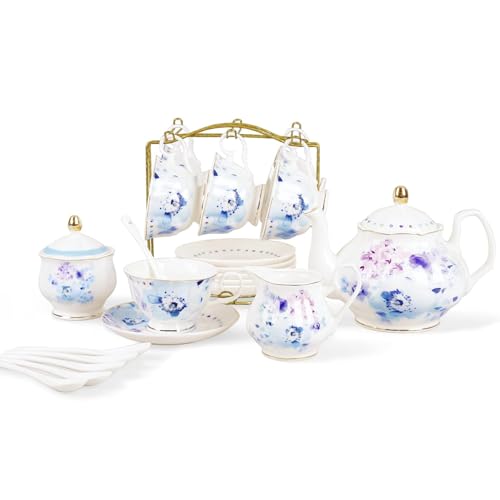 fanquare 21 Teiliges Modern Stil Porzellan Teeservice, Blaue Blumen im Aquarellstil Keramik Tee Sets, Kaffeeservice für Erwachsene von fanquare