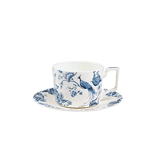 fanquare 250ml Bone China Teetasse und Untertasse Set für 1, Blaue und Weiße Kaffeetasse mit Teller Set, Britische Blumen Porzellan Teetasse für Frauen von fanquare