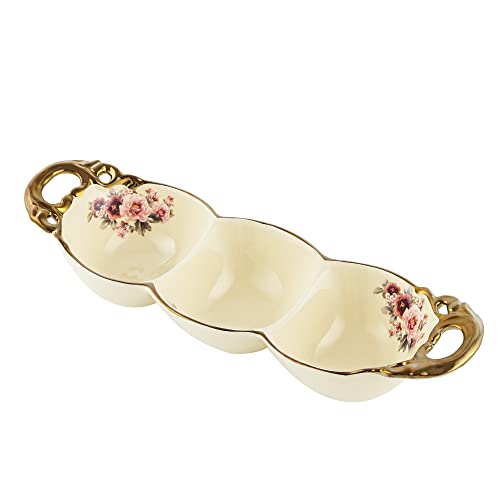 fanquare 3 Fach Servierschalen mit Goldenem Griff, Dippschale mit DREI Segmenten, Blumen Porzellan Snackschale von fanquare