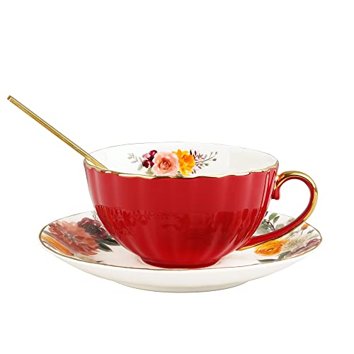 fanquare 3 Stück Vintage Rot Teetasse mit Untertasse, Floral Teetasse mit Löffel, Porzellan Kaffeetasse für Latte, Cappuccino, 200ml von fanquare