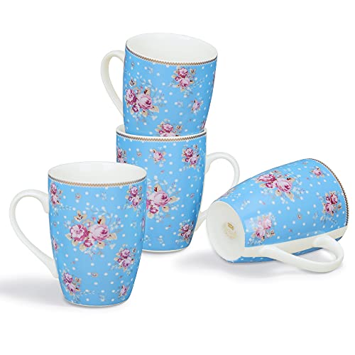 fanquare 350ml Blumen Porzellan Kaffeebecher mit Henkel, Blau und Weiß Teetassen, Tassen für Heiße Getränke 4er Set von fanquare