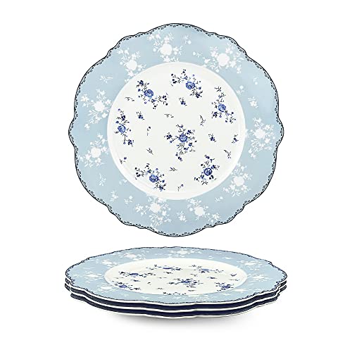 fanquare 4 Stück Blau und Weiß Porzellan Speiseteller Set Ø 275 mm Frühling Blumen Geschirrset, Vintage Keramik Tafelservice von fanquare