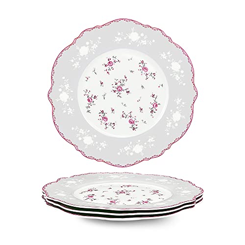 fanquare 4 Stück Dessertteller aus Porzellan Set Ø 208 mm Frühstücksteller mit Goldrand, Rosa Blumen Tafelservice für Weihnachten Geschenk und Haushalt von fanquare